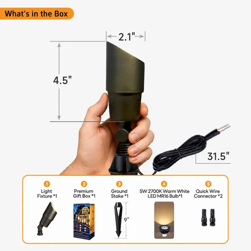 Vista 6 de Gardenreet Focos de Paisaje de Bajo Voltaje - Luz Ascendente LED de Latón para Exteriores 12V, Focos con Cable IP65 Impermeables, Bronce Antiguo