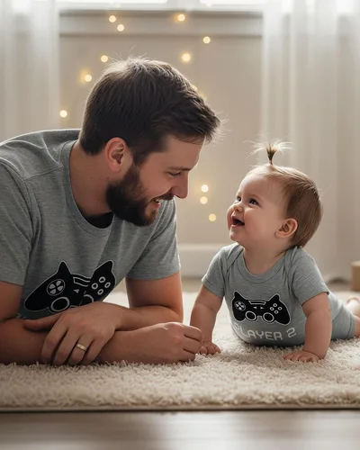 Vista 3 de Tstars Player 1 & Player 2 - Conjuntos a juego para papá y bebé Divertido juego de camiseta de jugador para el día del padre y nuevos papás