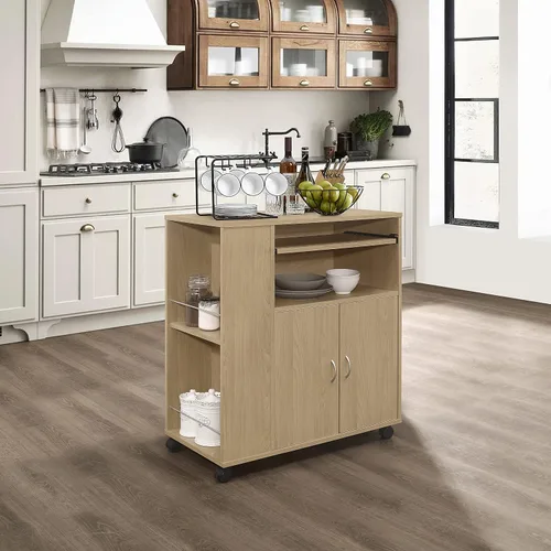 Vista 2 de Kings Brand Furniture - Carrito rodante de isla de cocina con ruedas con gabinete de almacenamiento, haya