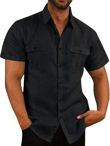Vista 9 de Men's Cuban Guayabera Linen Shirts Solid Color Casual Short Sleeve Button Down Shirt Summer Beach Tops with Pockets
