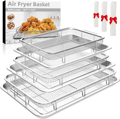 Vista 7 de Cesta de freidora de aire para horno, 2 juegos de bandeja y sartén de freidora de aire con 60 piezas de papel pergamino, sartén de freidora de aire