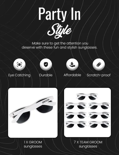 Vista 11 de Gafas de sol para despedida de soltero – Juego de 1 gafas de sol para novio y 7 equipos Padrinos de boda regalo de boda regalos de boda