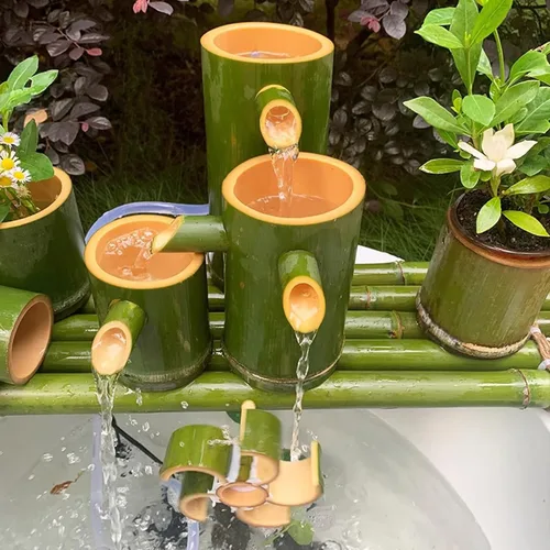 Vista 4 de Fuente de agua de bambú, fuente de jardín al aire libre, dirección de flujo de agua múltiple, sistema de circulación de agua, para estanque