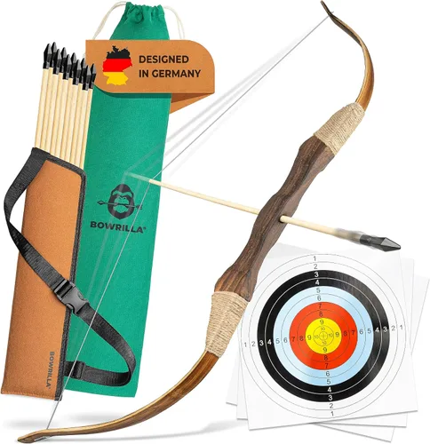 Vista 8 de BOWRILLA® Arco y flecha de madera para niños con 10 flechas, carcaj, 3 objetivos y bolsa de almacenamiento Juego de arco y flecha para niños