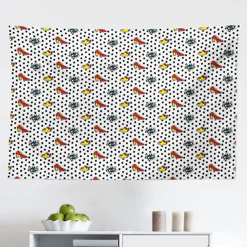 Vista 3 de Ambesonne Tapiz retro, coronas de ojos azules y zapatos de mujer Doodle en dibujos animados estilo pop art de los años 80 y 90, decoración de tela