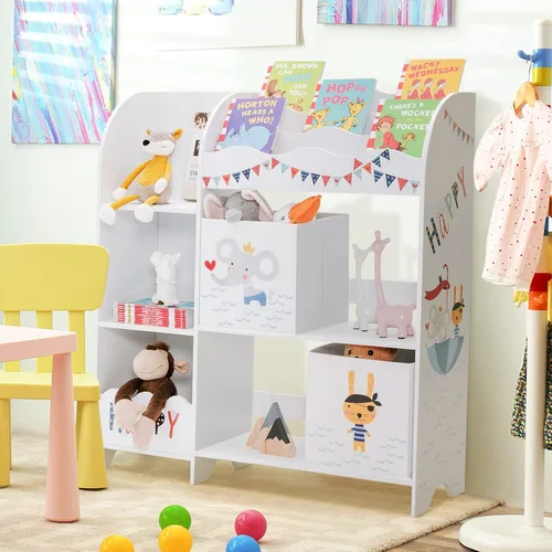 Vista 2 de HONEY JOY Organizador de almacenamiento de juguetes para niños, unidad de almacenamiento de madera con 2 cajas, estantería de exhibición para niños