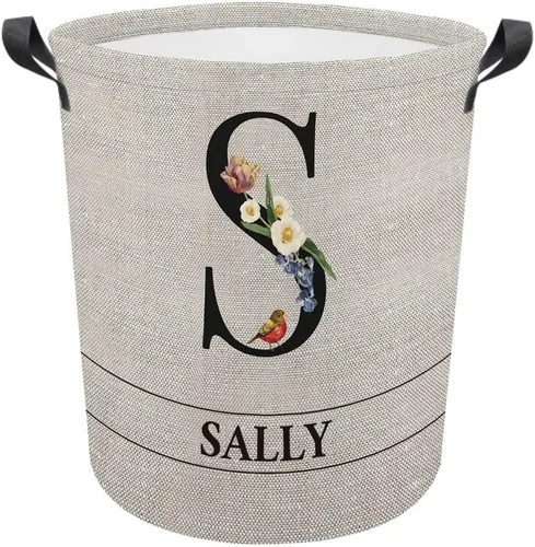 Vista 6 de Cesta de lavandería con inicial floral personalizada, monograma, nombre personalizado, flores y pájaros, cesta de ropa plegable de tela, caja