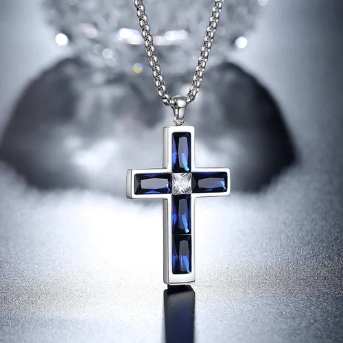 Vista 9 de Collar de cruz para hombre, piedras preciosas de color piedra natal de circonita cúbica, collar de acero inoxidable para hombre, cadena de 24