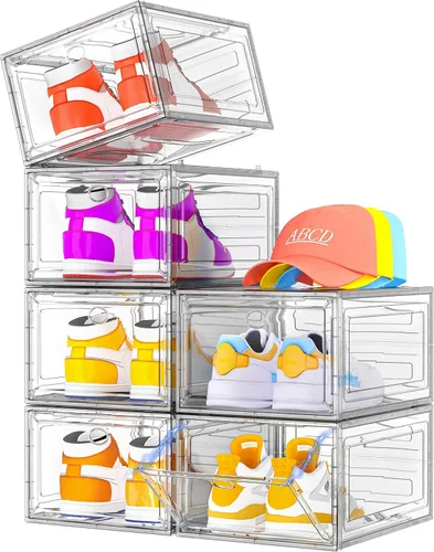 Vista 11 de Organizador de almacenamiento de zapatos de plástico transparente, grueso y resistente c/puerta magnética, cajas apilables, zapatero plegable