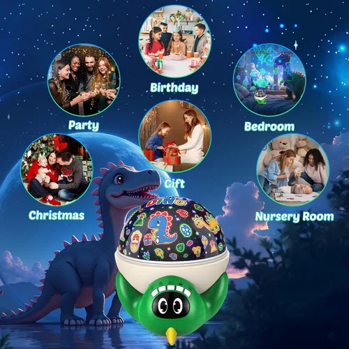 Vista 6 de Proyector de luz nocturna de dinosaurio para niños, juguetes verdes de dinosaurio para niños, luces de estrella con música y temporizador, lámpara