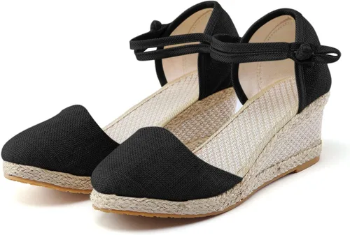 Vista 4 de Womenyiaor Sandalias para mujer de verano elegantes, sandalias de cuña con correa al tobillo y punta cerrada de alpargata para mujer, sandalias