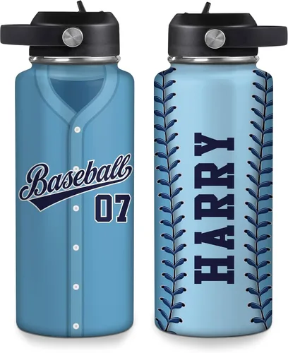 Vista 24 de Hyturtle Botella de agua de béisbol personalizada, botella de acero inoxidable aislada de viaje con tapa a prueba de fugas, 18 onzas, 32 onzas