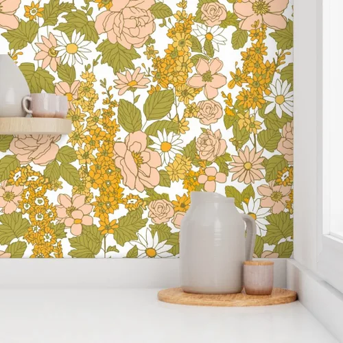 Vista 8 de Papel tapiz autoadhesivo para despegar y pegar, papel tapiz vintage de los años 70 con diseño floral retro bohemio, rosa y verde, papel tapiz