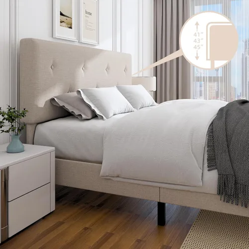 Vista 4 de Marco de cama de lino tamaño matrimonial con cabecero ajustable Beige