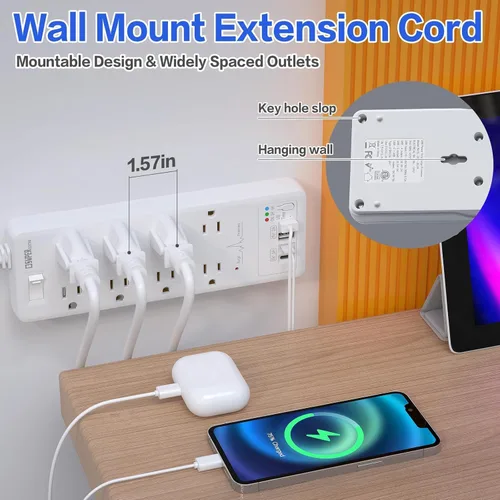 Vista 2 de Protector de sobretensiones, cable de extensión con temporizador USB, 8 salidas (1875 W/15 A) y 2 puertos USB A+2USB C, certificación ETL, montaje