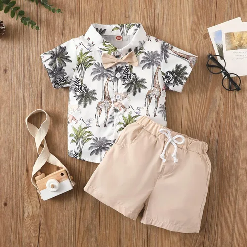 Vista 6 de Conjunto de camisa de manga corta con botones y pantalones cortos para bebé y niño, con estampado de verano