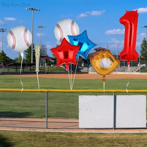 Vista 7 de Novato del año 1er cumpleaños decoraciones de béisbol papel de aluminio rojo número 1 globos conjunto de un primer cumpleaños suministros
