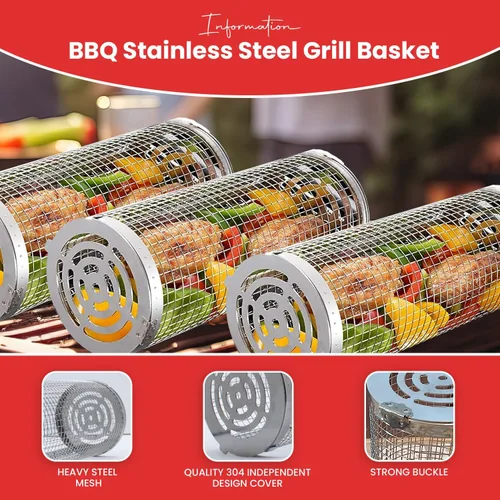 Vista 2 de Cesta enrollable para parrilla de acero inoxidable, cesta para parrilla con cubierta de malla extraíble, accesorios para barbacoa, cestas