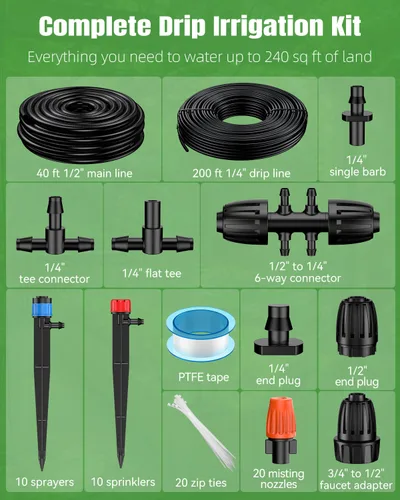 Vista 2 de Pawfly Sistema de riego por goteo para jardín, kit de riego por goteo de 240 pies con tubería de 1/2" y 1/4", emisores ajustables, conectores