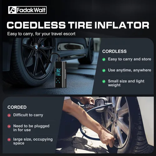 Vista 6 de FADAKWALT Inflador de neumáticos, compresor de aire portátil, bomba de aire inalámbrica de 150 PSI para neumáticos de automóvil con pantalla táctil