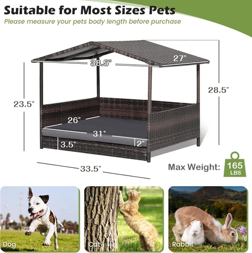 Vista 6 de Tangkula Casa de mimbre para perros, cama elevada de ratán para interiores y exteriores con cojín extraíble, funda lavable, techo impermeable