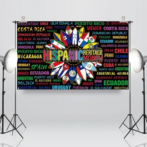 Vista 5 de Sunwer Decoración del Mes Nacional de la Herencia Hispana, telón de fondo para cabina de fotos Latino 21 Países Banderas Español Girasol Escuela