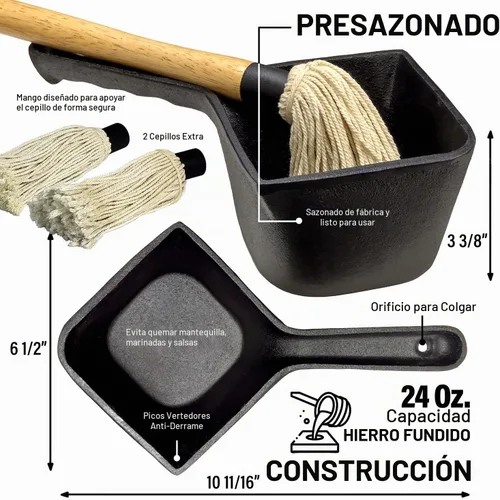 Vista 2 de Olla de salsa de hierro fundido con cepillo de mopa para barbacoa - Olla pequeña de hierro fundido para untar y cepillo de mopa para asar a