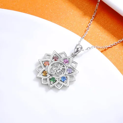 Vista 2 de Chakra Yoga Lotus Flower Necklace 925 Sterling Silver Om Ohm Symbol Crystal Pendant Necklace Spiritual Jewelry Gift for Women Girls
