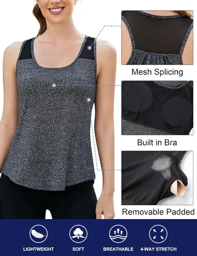 Vista 4 de Blooming Jelly Womens Mesh Workout Tank Tops Racerback Gym Tops Running Bulit in Bra Athletic Shirts