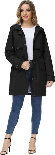 Vista 2 de JASAMBAC Chaqueta larga para mujer, impermeable, ligera, para exteriores, con capucha