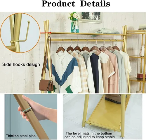 Vista 4 de Perchero industrial dorado independiente con estantes dobles, perchero móvil resistente para organizar ropa y zapatos (47 pulgadas de largo)