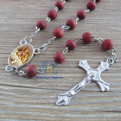 Vista 6 de Rosario perfumado de pétalos de rosa de bautizo, 6 rosarios rojos con caja de regalo individual a juego, Metal Madera, No es una piedra preciosa