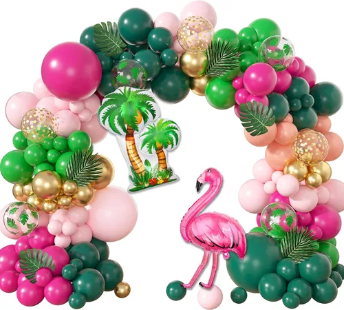 Vista 18 de Amandir Kit de guirnalda de arco de globos tropicales de 165 piezas, azul aguamarina, coral, rojo, rubor, verde pastel, globos de coco, hojas