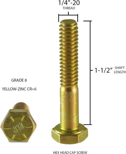 Vista 2 de Tornillos de cabeza hexagonal de 1/4"-20 x 1-1/2 pulgadas, tuercas, arandelas, grado 8, grueso, amarillo-zinc (paquetes múltiples)