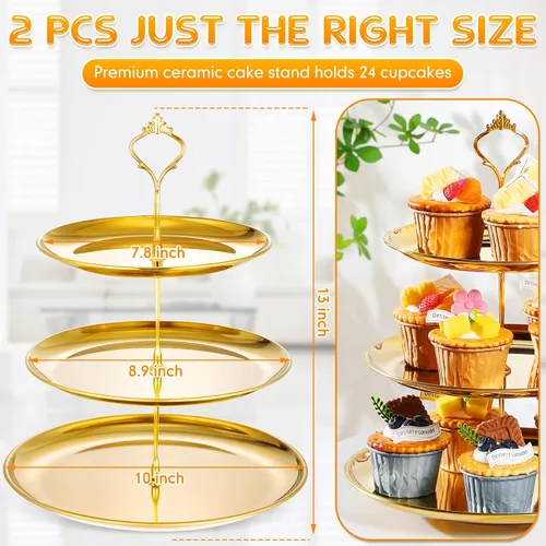 Vista 2 de Yaomiao Juego de 2 bandejas doradas de 3 niveles para servir con base de acero inoxidable para cupcakes, soporte para mesa de postre, juego