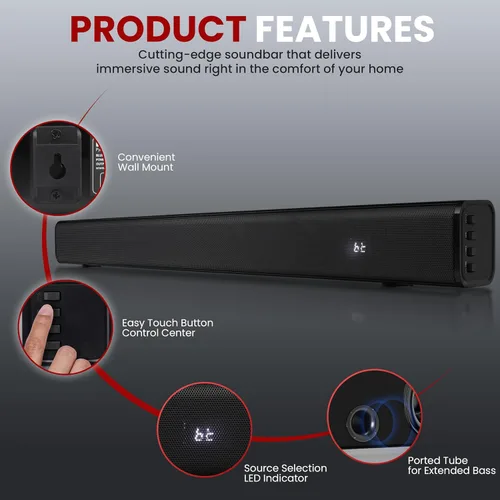Vista 6 de Pyle Barra de sonido BT inalámbrica Wave Base - Sistema de sonido compacto de cine en casa de mesa con AUX, graves extendidos, estéreo de rango