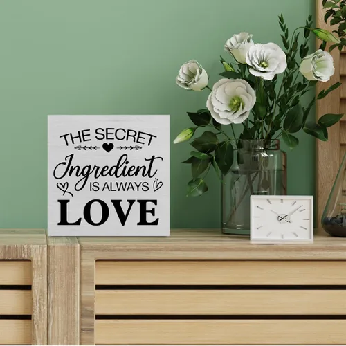 Vista 5 de Letrero de madera rústica para cocina, decoración de escritorio, con texto en inglés "The Secret Ingredient Is Always Love", letrero de bloque