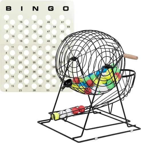 Vista 8 de GSE Games & Sports Expert Juego de bingo de lujo con jaula de acero, tablero maestro, 75 bolas, 150 fichas, 18 tarjetas de bingo para fiestas