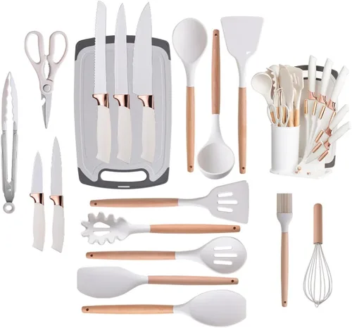 Vista 9 de Juego de utensilios de cocina y cuchillos de cocina de 19 piezas con bloque de soporte, incluye 11 utensilios de cocina de silicona, 5 cuchillos