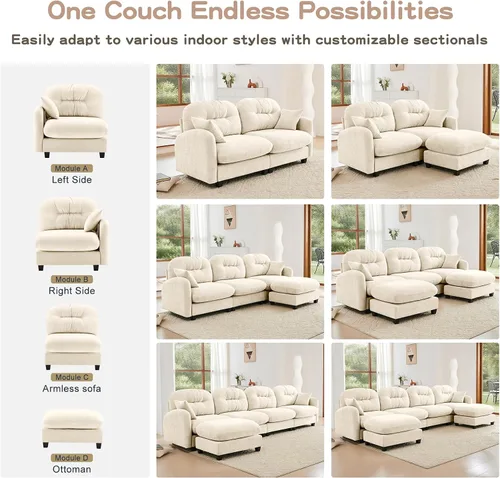 Vista 9 de Sofá modular de gran tamaño de 74 pulgadas, sofás seccionales grandes beige para sala de estar, juego de sofá esponjoso de felpilla, cómodos sofás