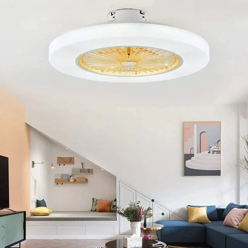 Vista 5 de Ventilador de techo moderno con luces amarillo de perfil bajo ventilador de techo LED de montaje empotrado con mando a distancia