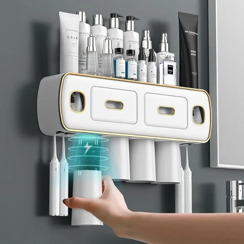 Vista 7 de Soporte para cepillos de dientes montado en la pared para baño y baño, kit de exprimidor de pasta de dientes doble automático, kit de exprimidor
