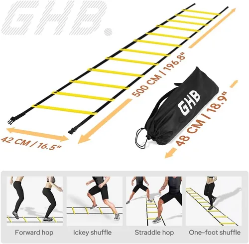 Vista 5 de GHB Pro Agility Ladder Agility Training Ladder Speed 12 Rung 20ft with Carrying Bag Amarillo-Paquete de 2