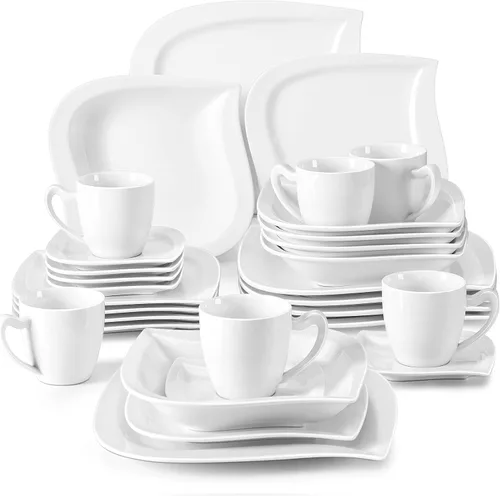 Vista 10 de MALACASA Juego de platos y cuencos, juego de vajilla de porcelana de 12 piezas para 4, platos cuadrados y cuencos para postre, ensalada y sopa