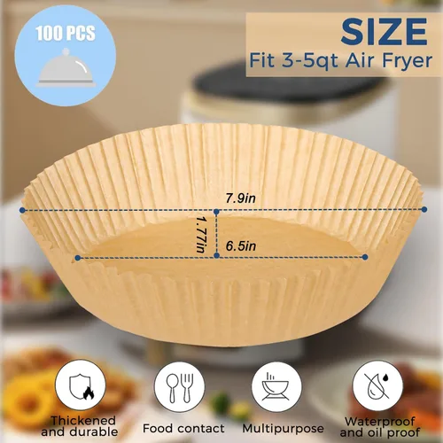 Vista 3 de 100 piezas de forros de papel desechables para freidora de aire, aptos para freidoras de aire de 3-5QT, papel de pergamino antiadherente, papel
