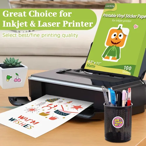 Vista 4 de Lzerking Papel de Pegatinas de Vinilo Imprimible para Impresora de Inyección de Tinta - Blanco Mate 60 Hojas Autoadhesivo Impermeable Papel
