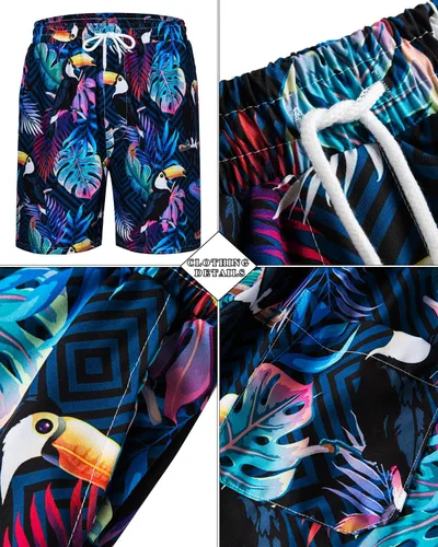 Vista 4 de TUNEVUSE Conjunto de camisas y pantalones cortos hawaianos para hombre, 2 piezas, trajes de playa con estampado de flores, traje tropical de verano