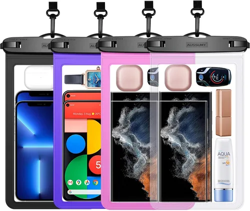 Vista 10 de Paquete de 4 fundas impermeables grandes para teléfono de 10.5" - Soporte transparente para celular bajo el agua - Bolsa seca universal a prueba