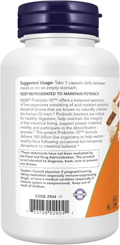 Vista 3 de NOW Foods Suplementos, Probiótico-10™, 100 mil millones, con 10 cepas probióticas, libre de lácteos, soja y gluten, cepas verificadas, 60 cápsulas