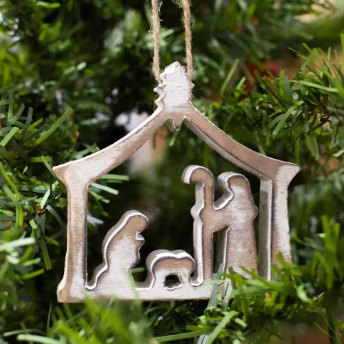 Vista 3 de Silueta de pesebre de madera encalada, adorno de árbol o escena de mesa, recuerdo religioso de Navidad de la Sagrada Familia, decoración rústica